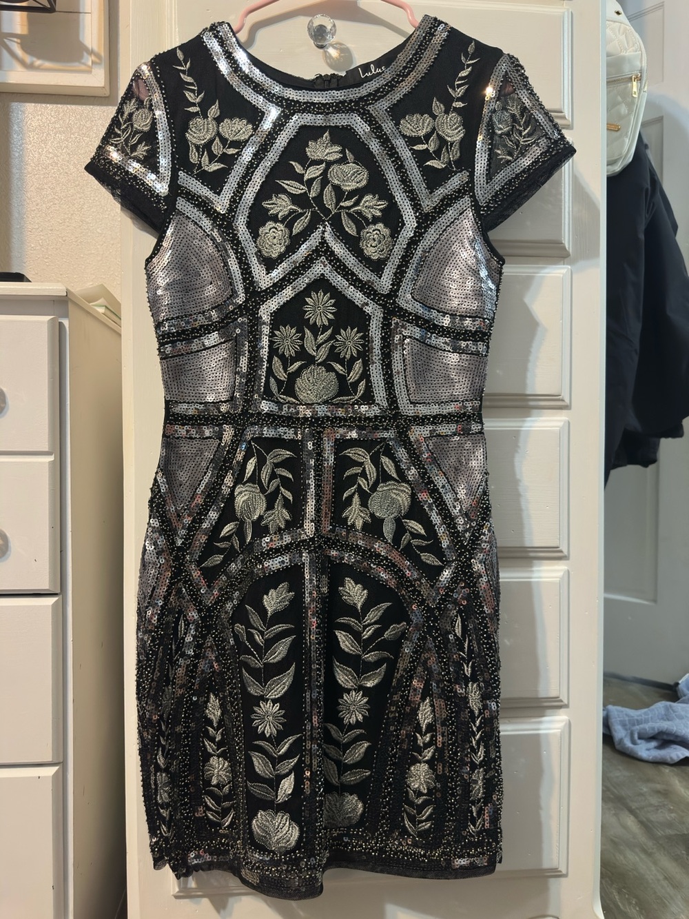Lulu's Black Sequin Floral Embroidered Mini Dress